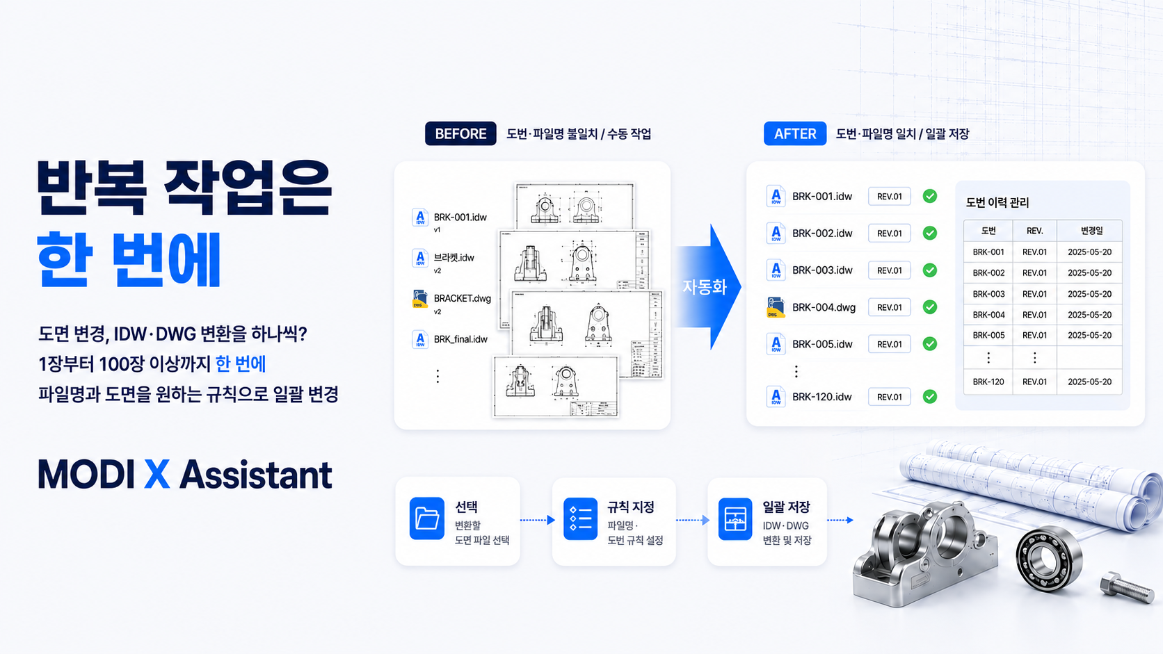 여러 도면 파일의 이름과 도면 정보를 규칙에 따라 한 번에 변경하는 자동화 과정