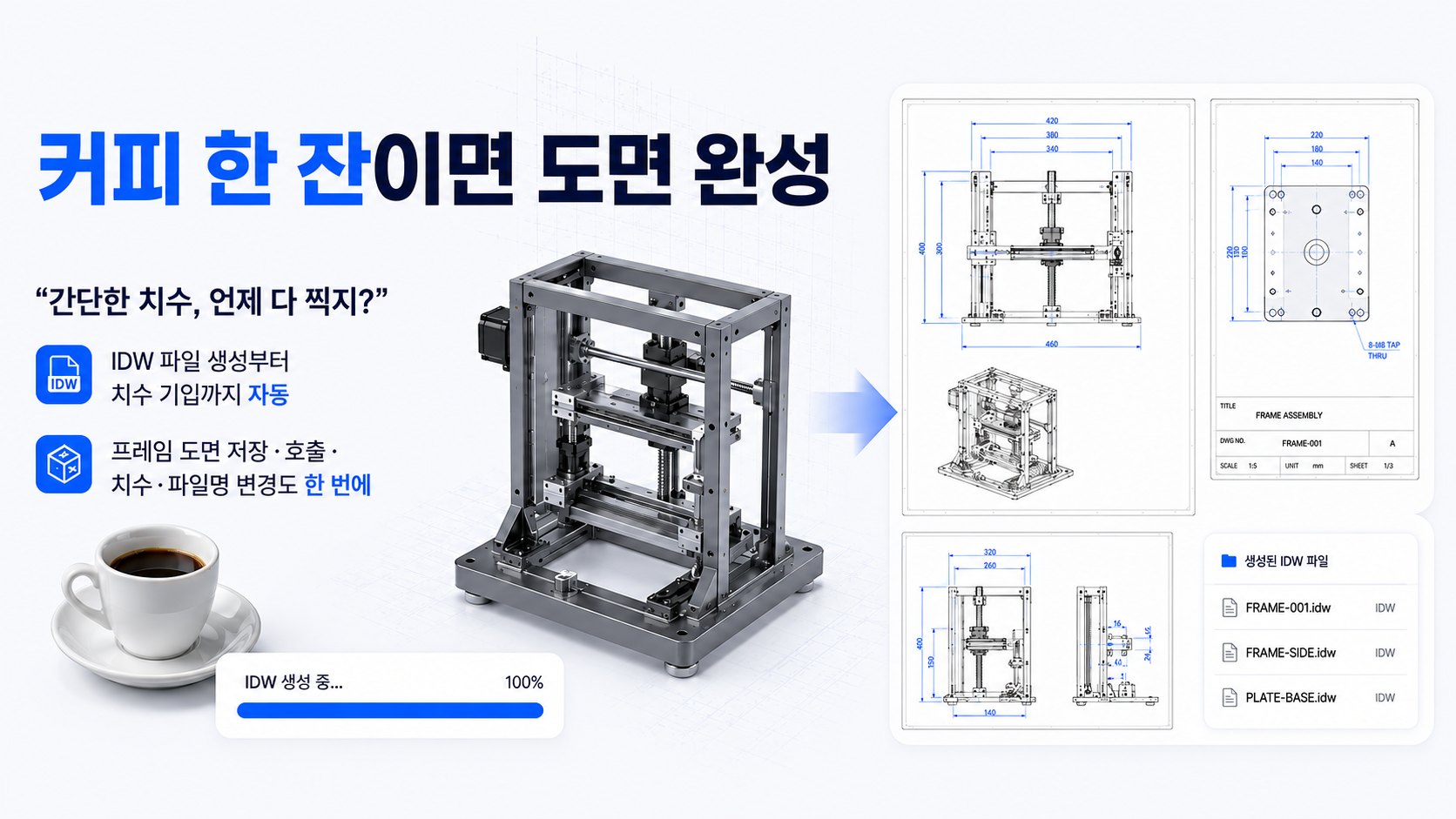 기계 조립품에서 IDW 도면과 치수가 자동 생성되는 도면 자동화 기능
